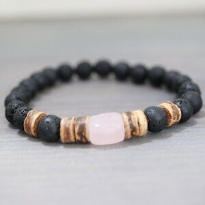 Rose Quartz Square Gemstone with Black Round Lava Beads Adjustable Bracelet